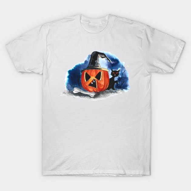 Pumpkin Cemetery Watercolor T-Shirt by Mako Design 